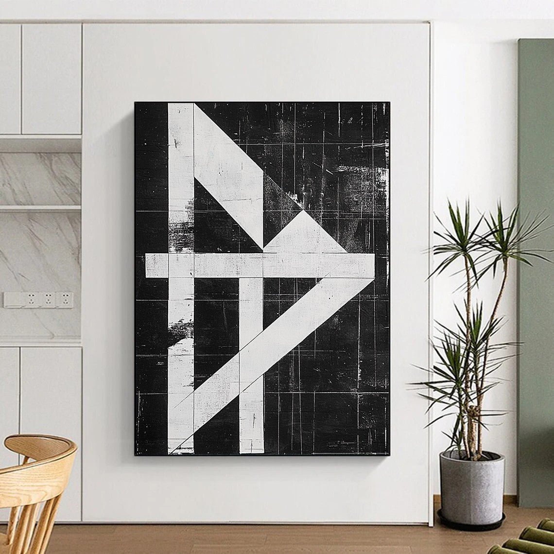 Contemporary hand-painted abstract artwork featuring a high-contrast black and white design with an "H" shape and textured risograph print on canvas. DLZ1140