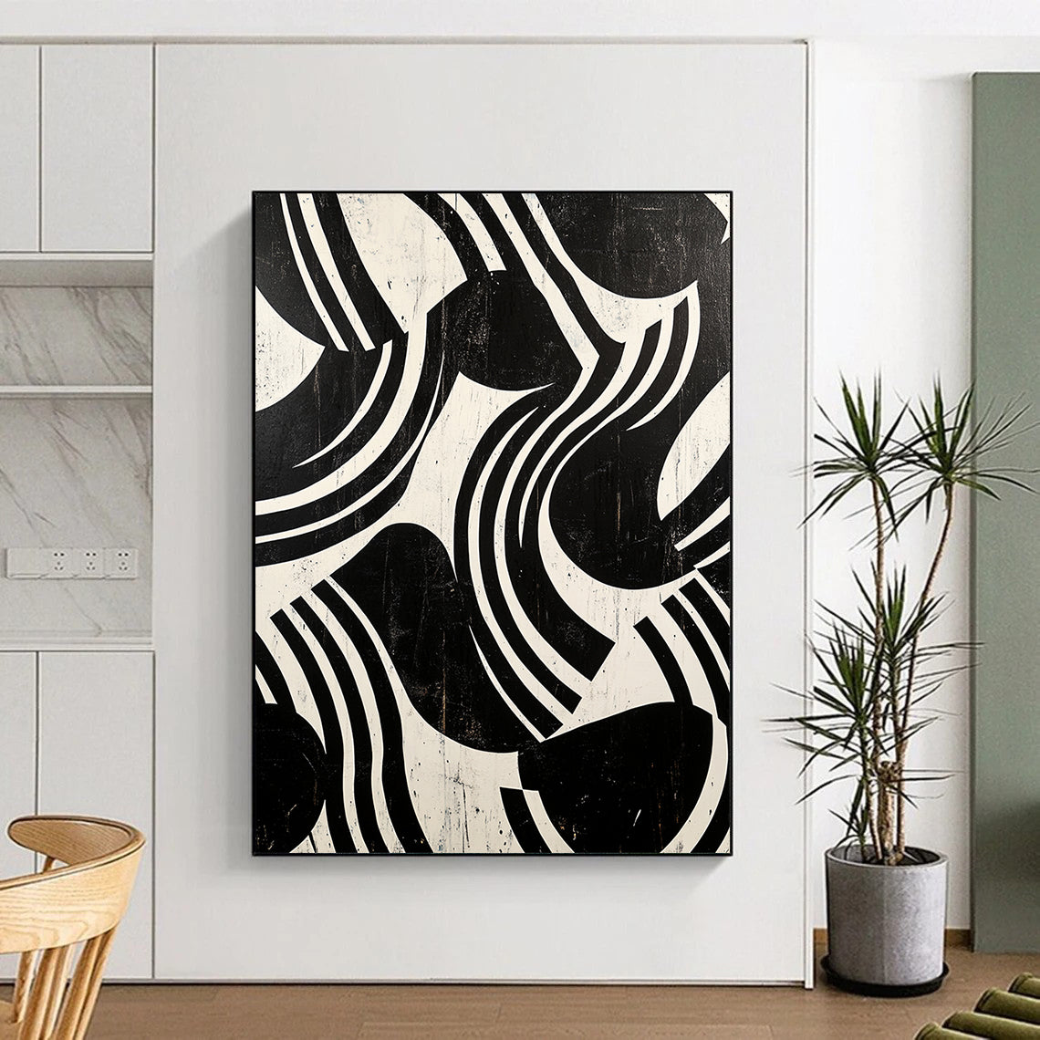 Black and White Curved Stripes "Dynamic Rhythm" Painting On Canvas HB271