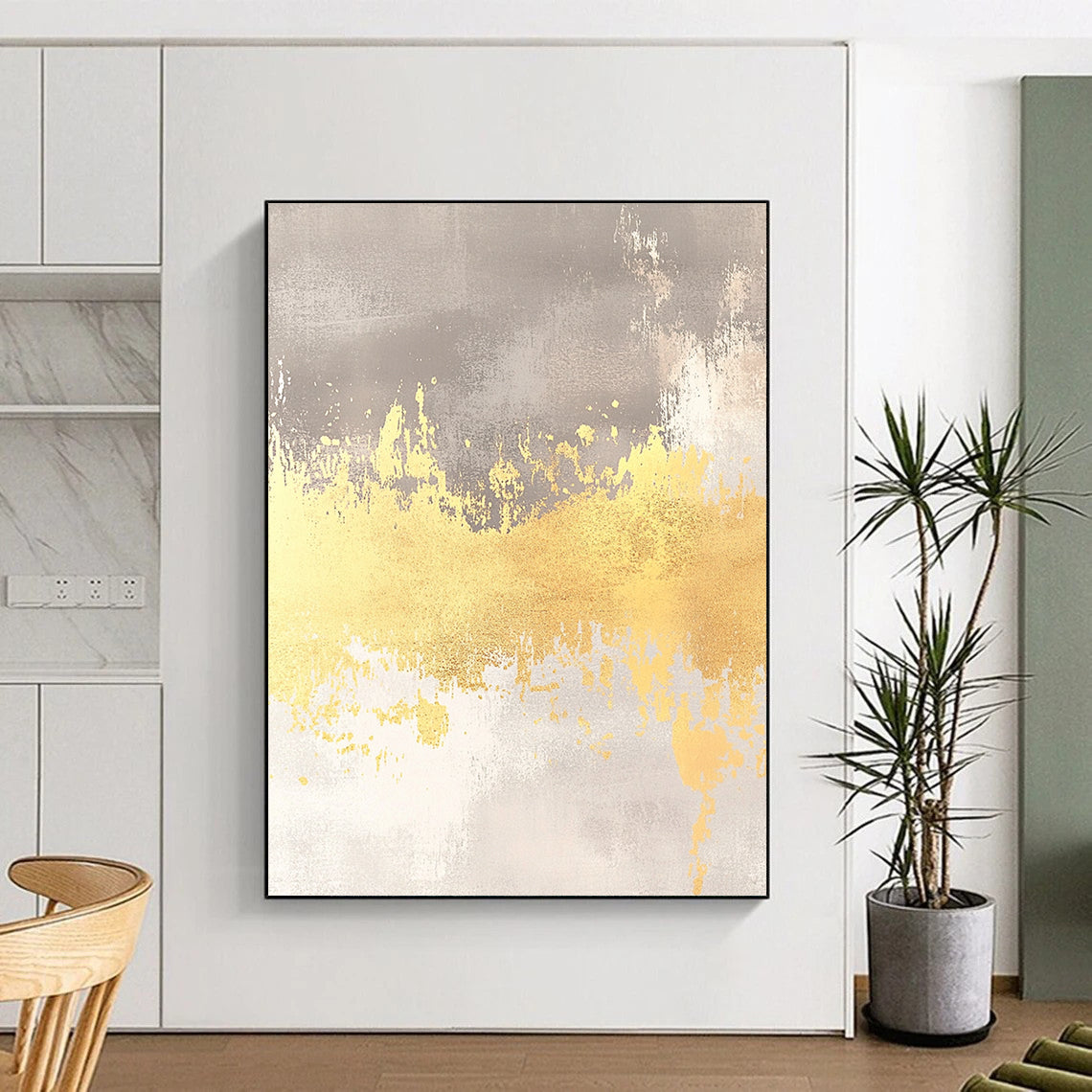 Ethereal contemporary abstract artwork features a soft gray background with yellow accents and gold foil, perfect for a dreamy wedding card backdrop. DLZ1471