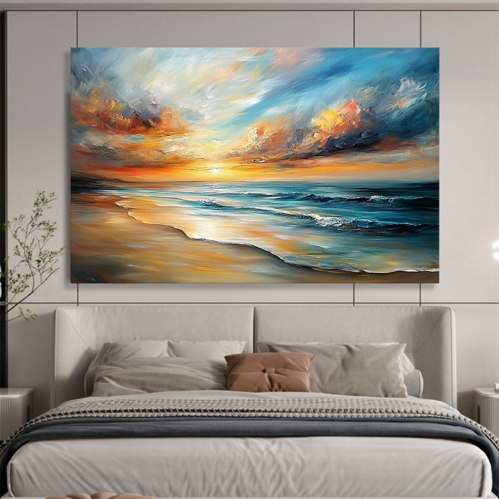 “Dreamy Beach Sunset” - Oranges, Pinks, Yellows, Blues, Beach Scene - Impasto Oil Painting HB1579