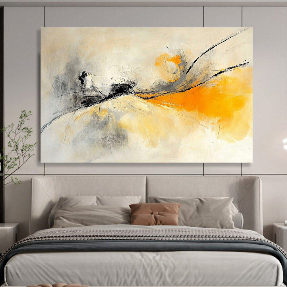 “Ethereal Strokes” - Gray, Yellow, Black, Flowing Lines - Abstract Oil Painting HB1534