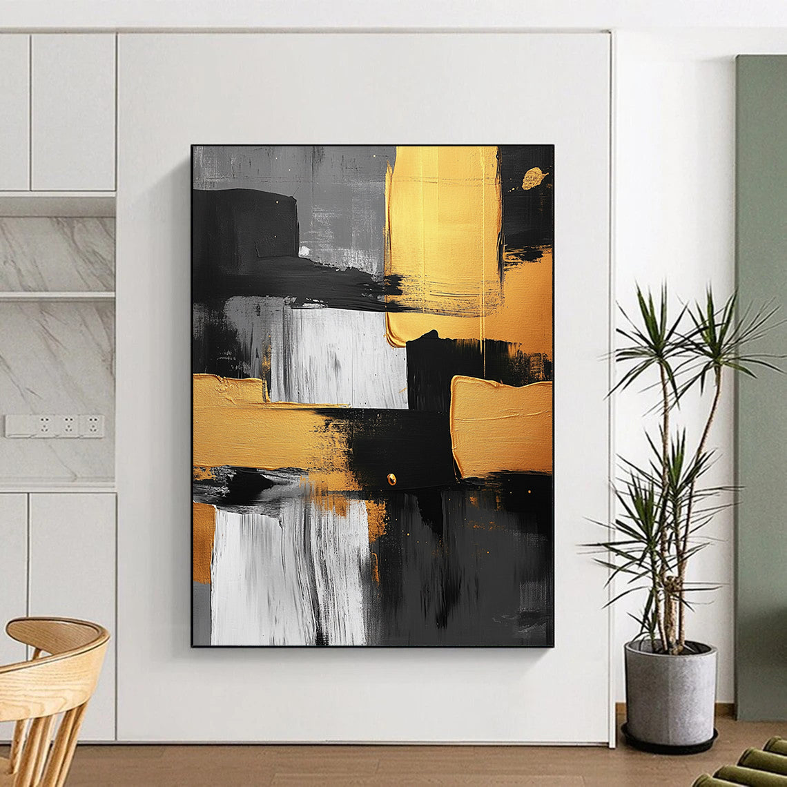 Contemporary abstract artwork featuring black white and yellow brush strokes with gold accents on a textured gray background and geometric shapes. DLZ1560