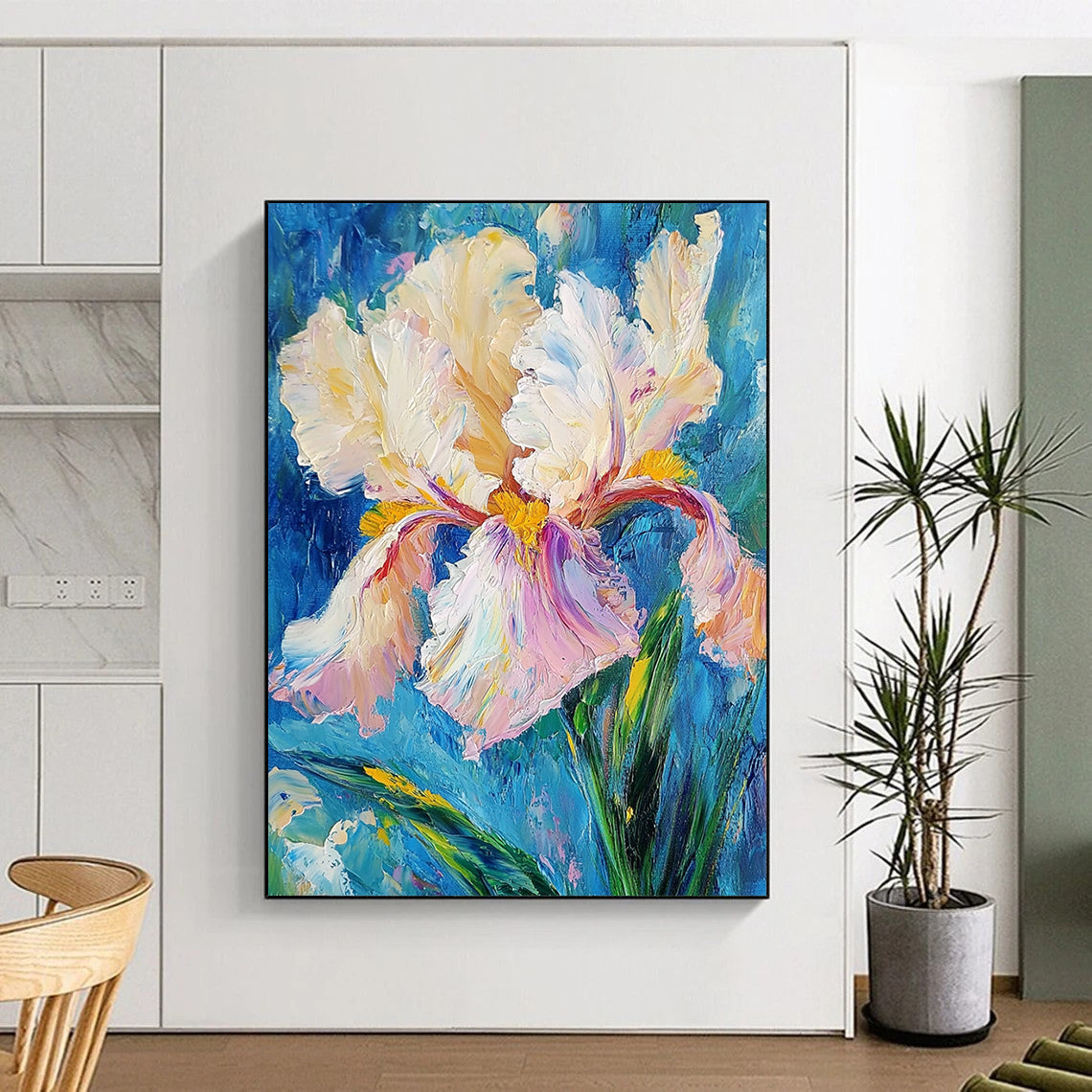 Contemporary abstract art featuring an iris flower with thick impasto brush strokes in white and pink, yellow hints, and teal green leaves against a blue background. DLZ1671