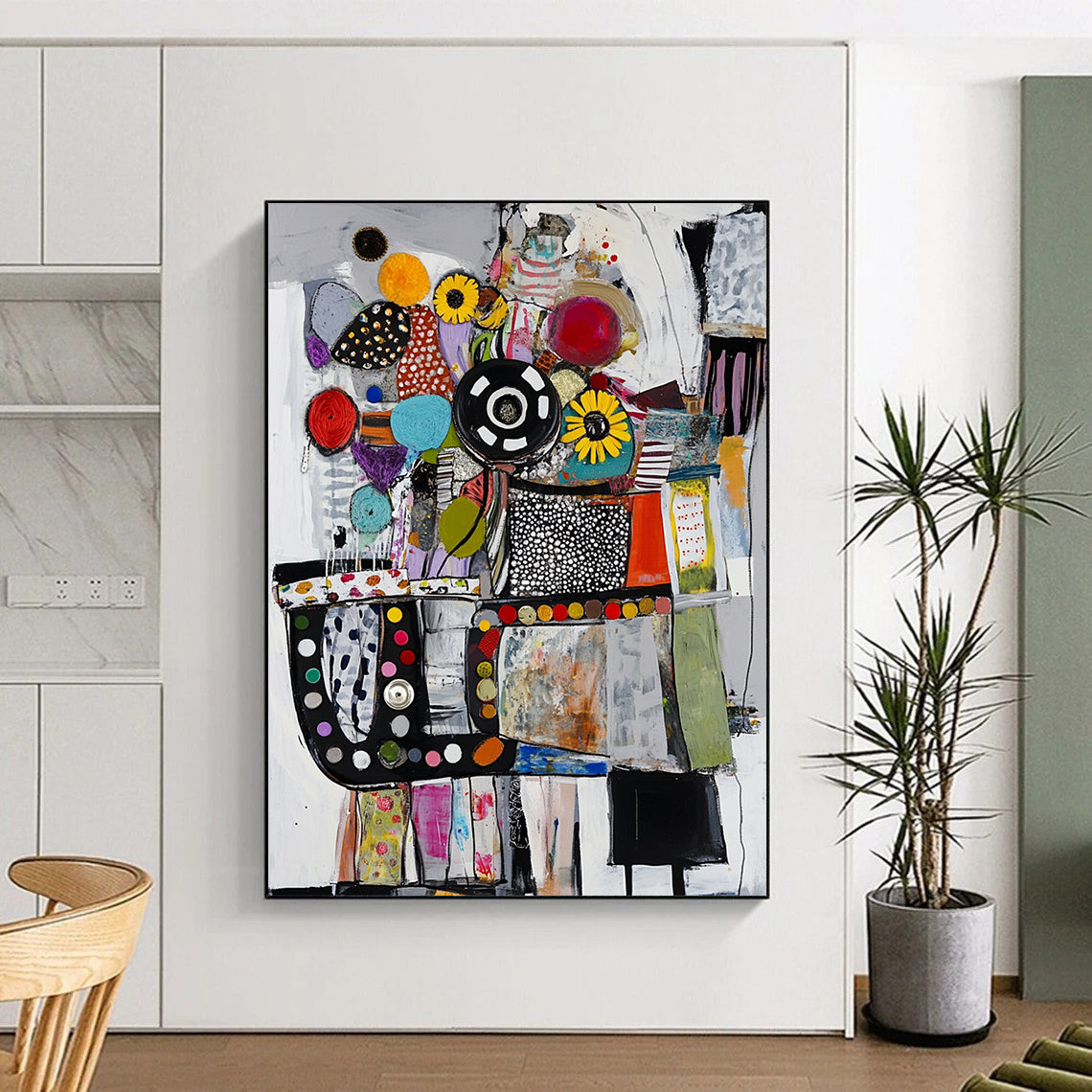 Contemporary abstract painting featuring collage-style car engine crafted from diverse materials in a vibrant palette of colors including black white red and blue. DLZ0953