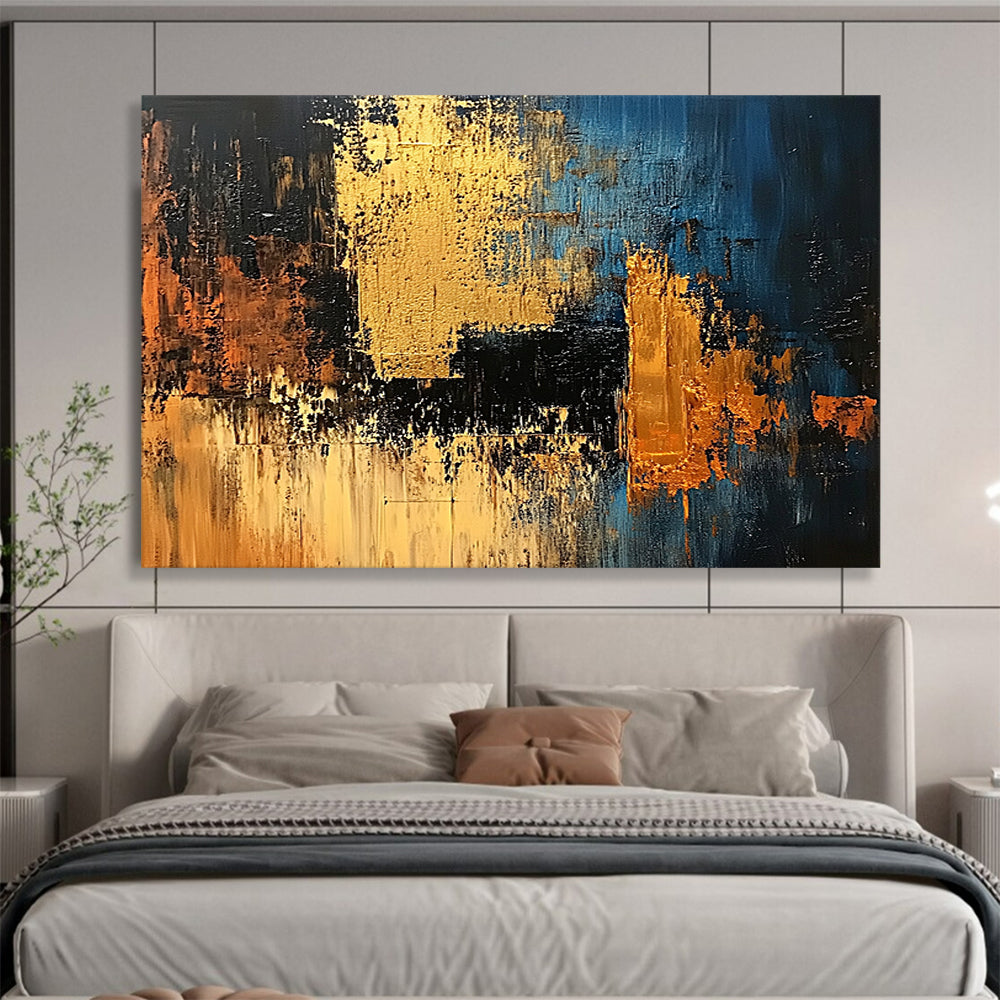 “Blue Gold Abstract” - Blue, black, gold, orange; Textured geometric abstract; Acrylic Painting On Canvas HB1212