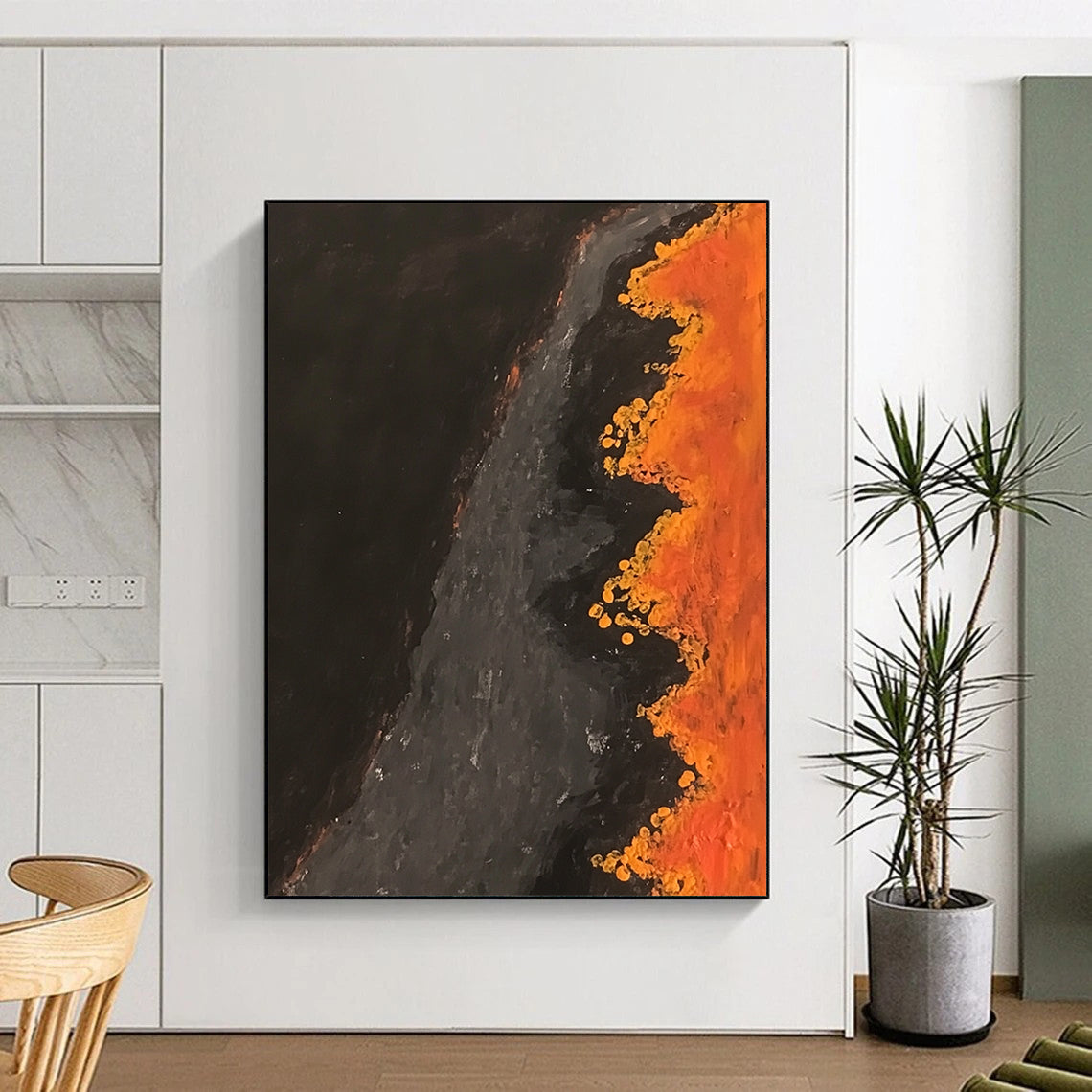 Contemporary abstract artwork capturing an aerial scene of an orange and black river with dark brown water and yellow flowers lining the banks. DLZ0839