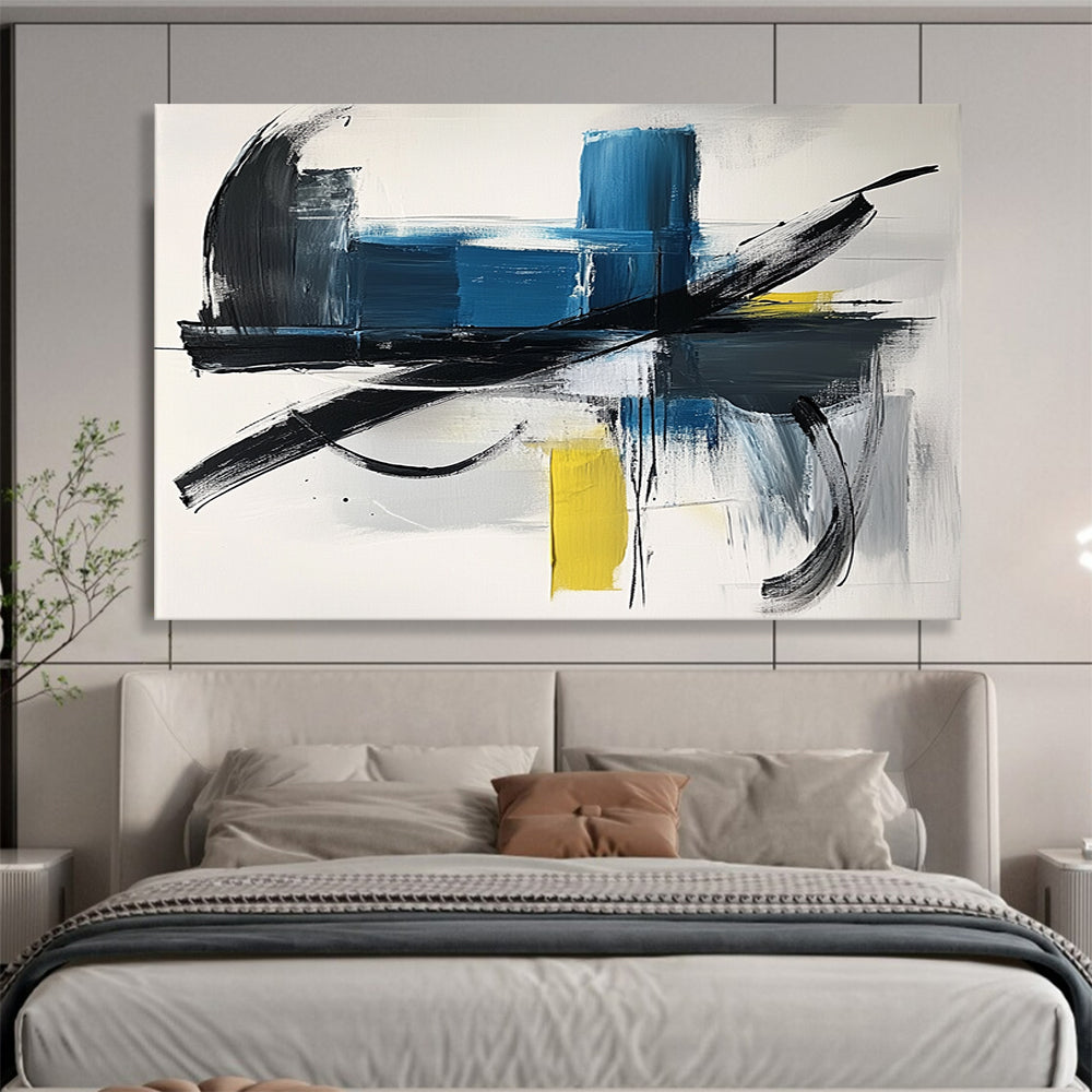 “Blue and Black Dynamism” - Blue, Black, Yellow, Gray, Bold Strokes - Abstract Expressionist Acrylic Painting HB1549