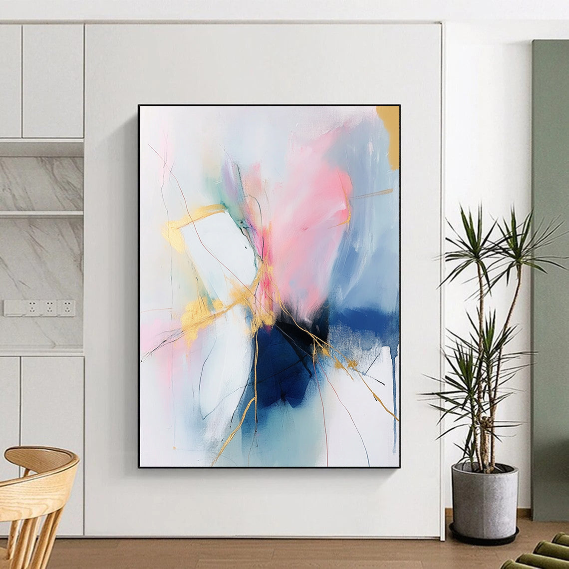 Large contemporary hand-painted abstract art featuring soft pink and blue tones with gold accents on a white background, creating an atmospheric and fluid composition. DLZ0806