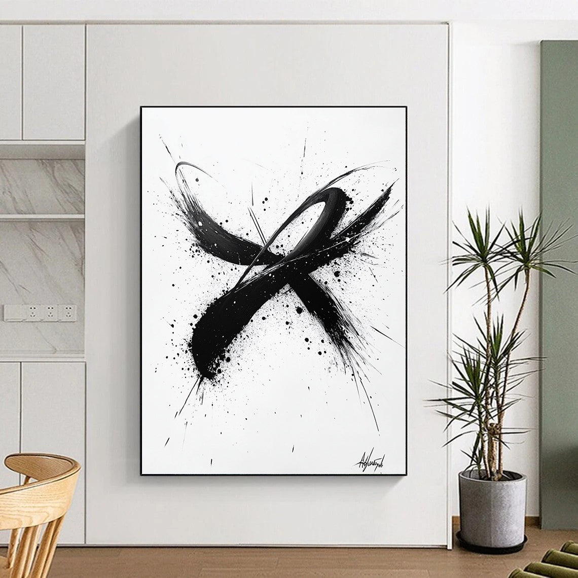 Black Brush Strokes & Splatters on White - “Dynamic Ink Energy” Painting On Canvas HB214