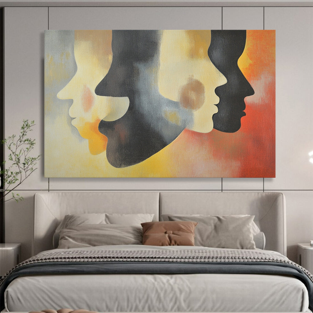 “Colorful Layered Faces” - Gray, Yellow, Red, Abstract Profiles - Surrealist Acrylic Painting HB1490