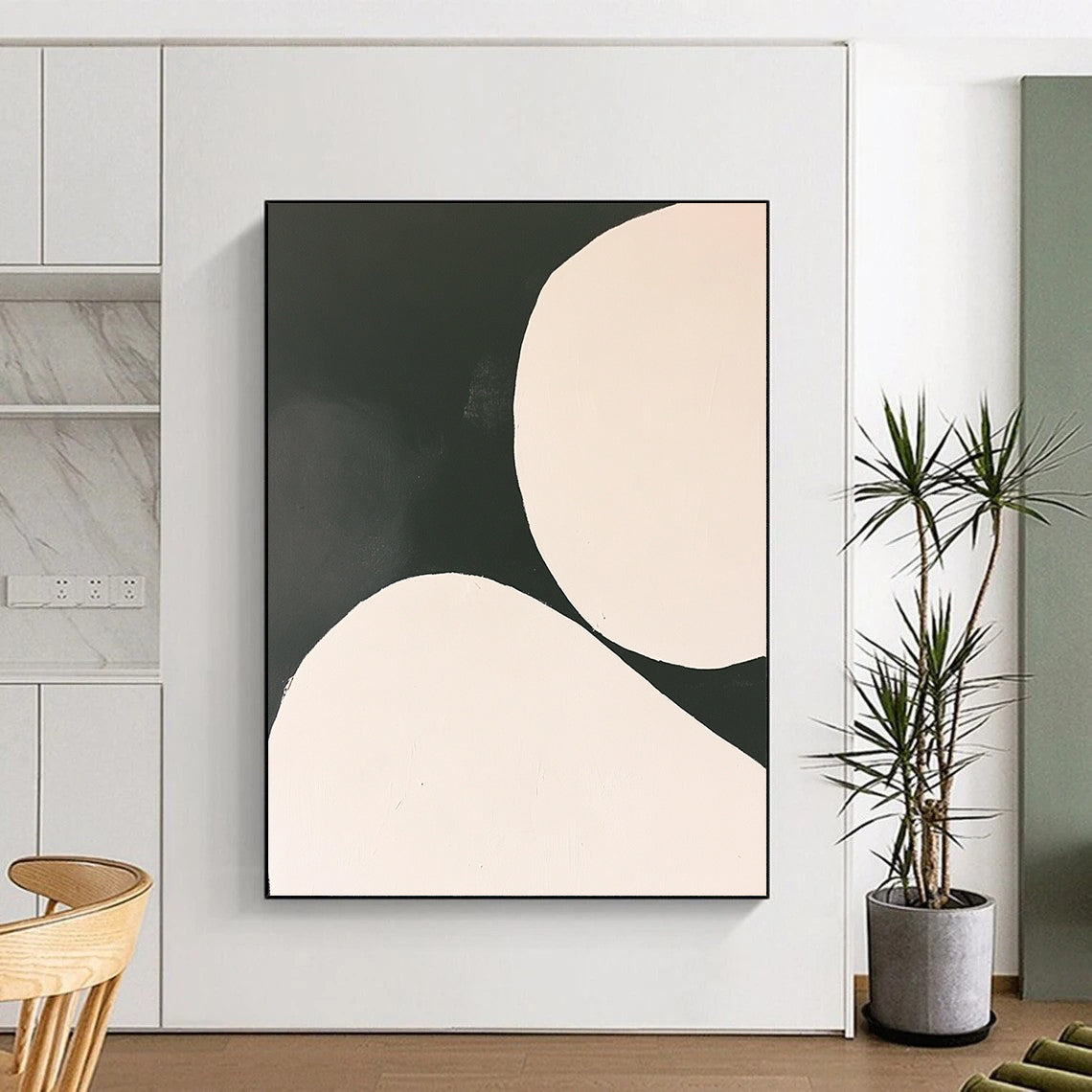 Contemporary abstract painting featuring white circles on a black background in a minimalist style inspired by Tarsila do Amaral. DLZ1753