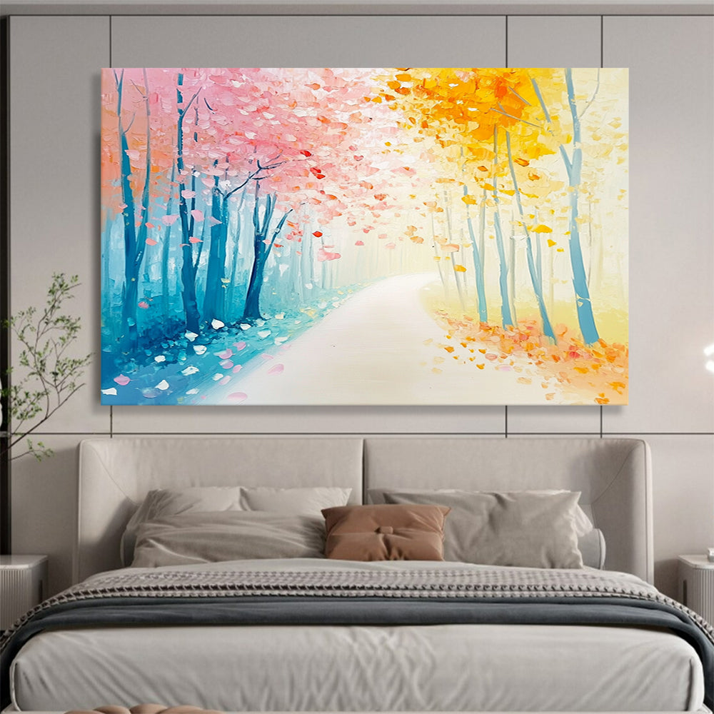 “Pastel Forest Pathway” - Dreamy path lined with pink and yellow trees, Impressionist Landscape Painting On Canvas HB0538