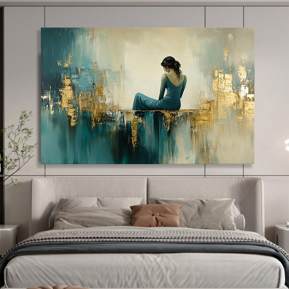 “Elegant Figure in Teal - Gold Abstract Space” - Teal, Gold, Figure, Abstract Figurative Painting On Canvas HB1106