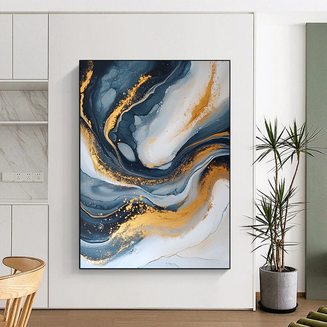 Contemporary hand-painted abstract artwork features dark blue and gold with a crackle effect elegant swirling patterns and glitter accents create depth and beauty. DLZ0329