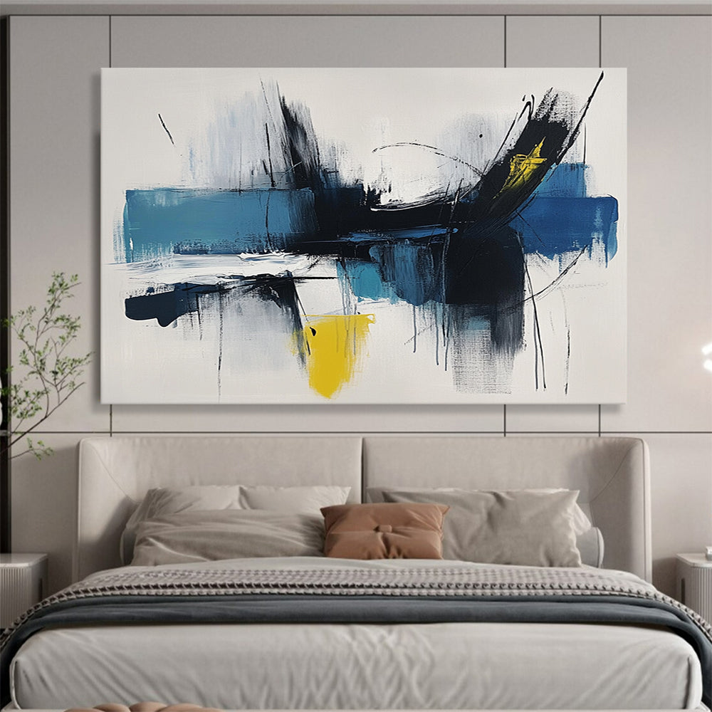 “Dynamic Blue - Black Strokes” - Blue, Black, Yellow, Expressive Brushstrokes - Abstract Expressionist Acrylic Painting HB1519