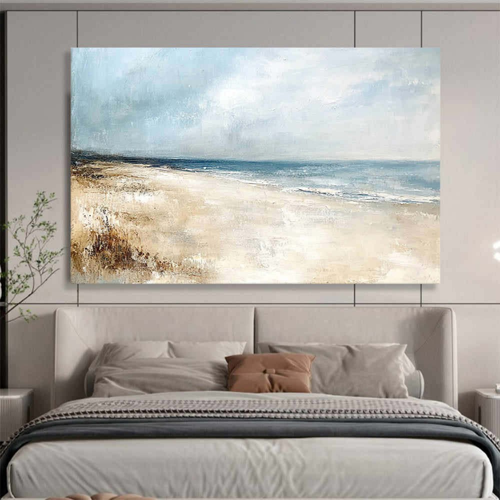 “Serene Beachscape” - Blue, Beige, Gray, Realistic - Style Abstract Beach Painting On Canvas HB1072