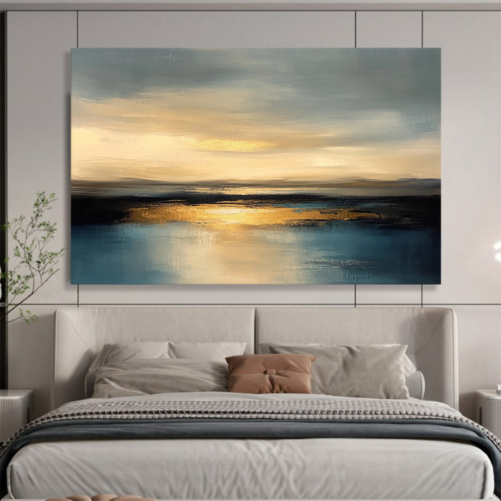 “Golden Sunset Reflection” - Gray, Gold, Blue - Abstract Sunset Over Water - Acrylic Painting HB1306