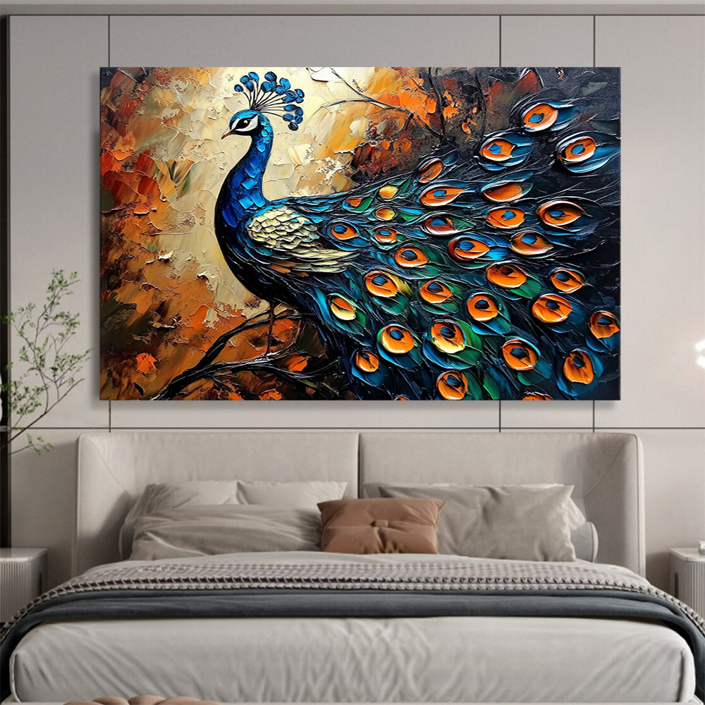“Blue Gold Orange Peacock Relief” - Blue, gold, orange, green; Textured peacock portrait HB1294