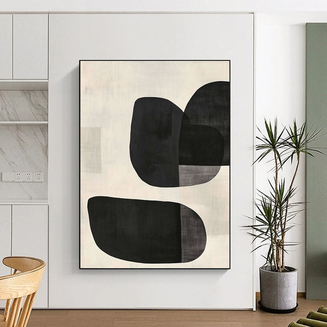 Large contemporary hand-painted abstract artwork features minimalist black and white design with curved oval shapes and textured background in soft tones. DLZ1338
