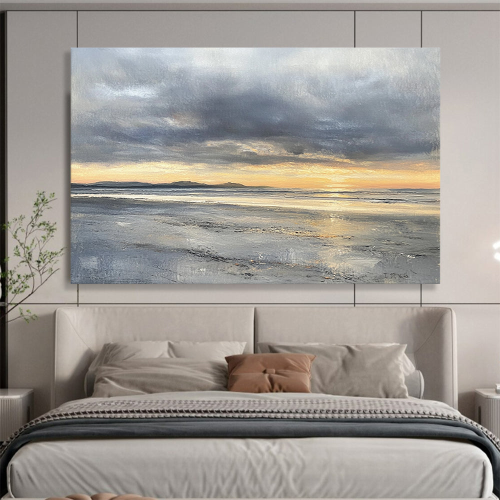 “Stormy Sunset Beach” - Grays, Oranges, Yellows, Coastal Sunset - Impressionist Oil Painting HB1595