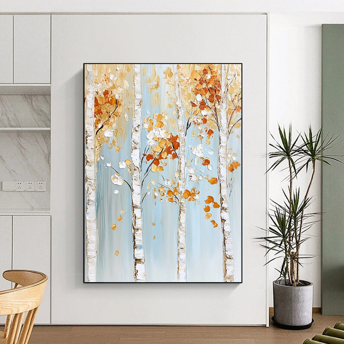 Contemporary abstract painting features birch trees with gold and white leaves on a light blue background with white trunks and orange flowers. DLZ0612