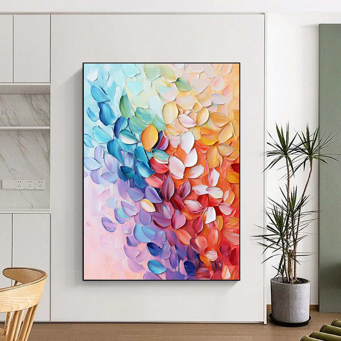 Contemporary hand-painted abstract art featuring textured leaves and vibrant foliage in pink blue purple orange and green with rich details and delicate brushstrokes. DLZ1568