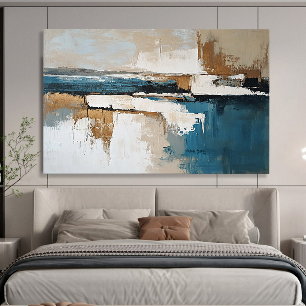 “Abstract Coastal Landscape” - Blue, Beige, White, Brown with Layered Forms - Painting On Canvas HB1384