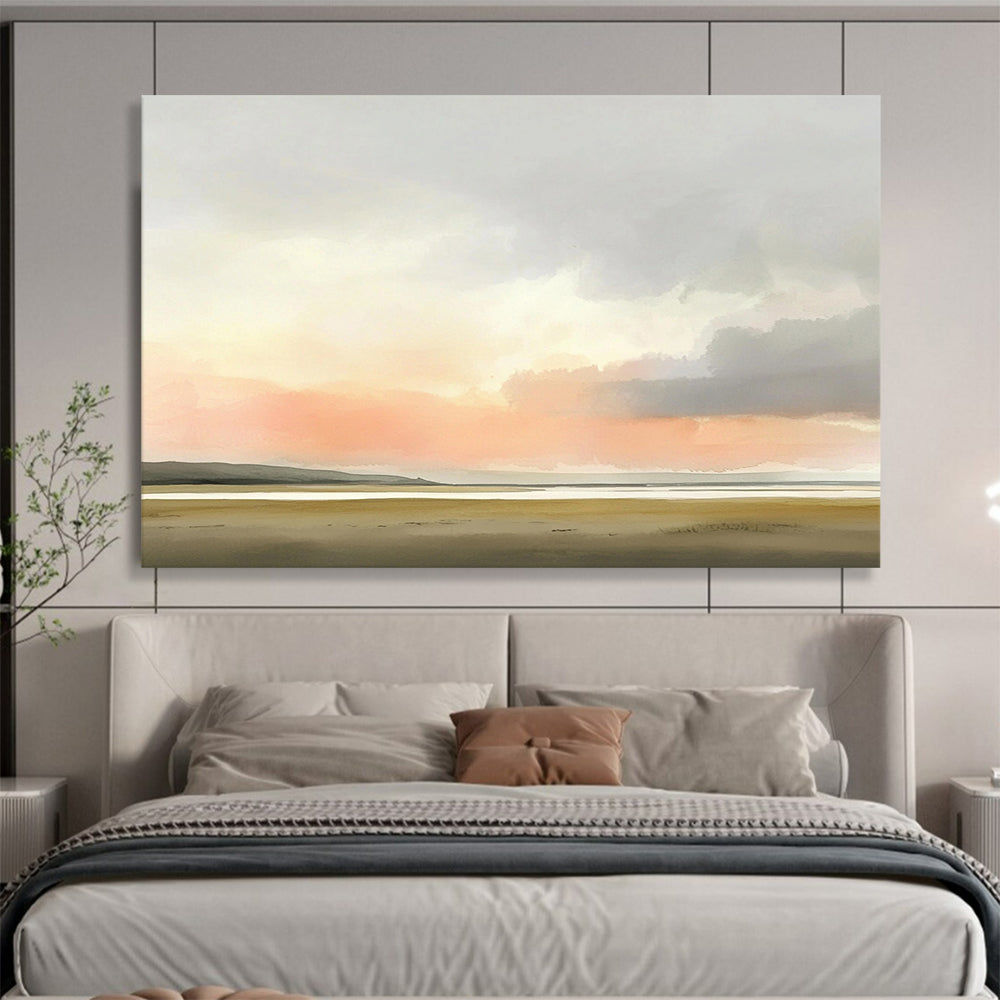 “Pastel Sunset Landscape” - Pink, Orange, Gray, Brown, Hazy Sunset Over a Plain - Watercolor Painting HB1775