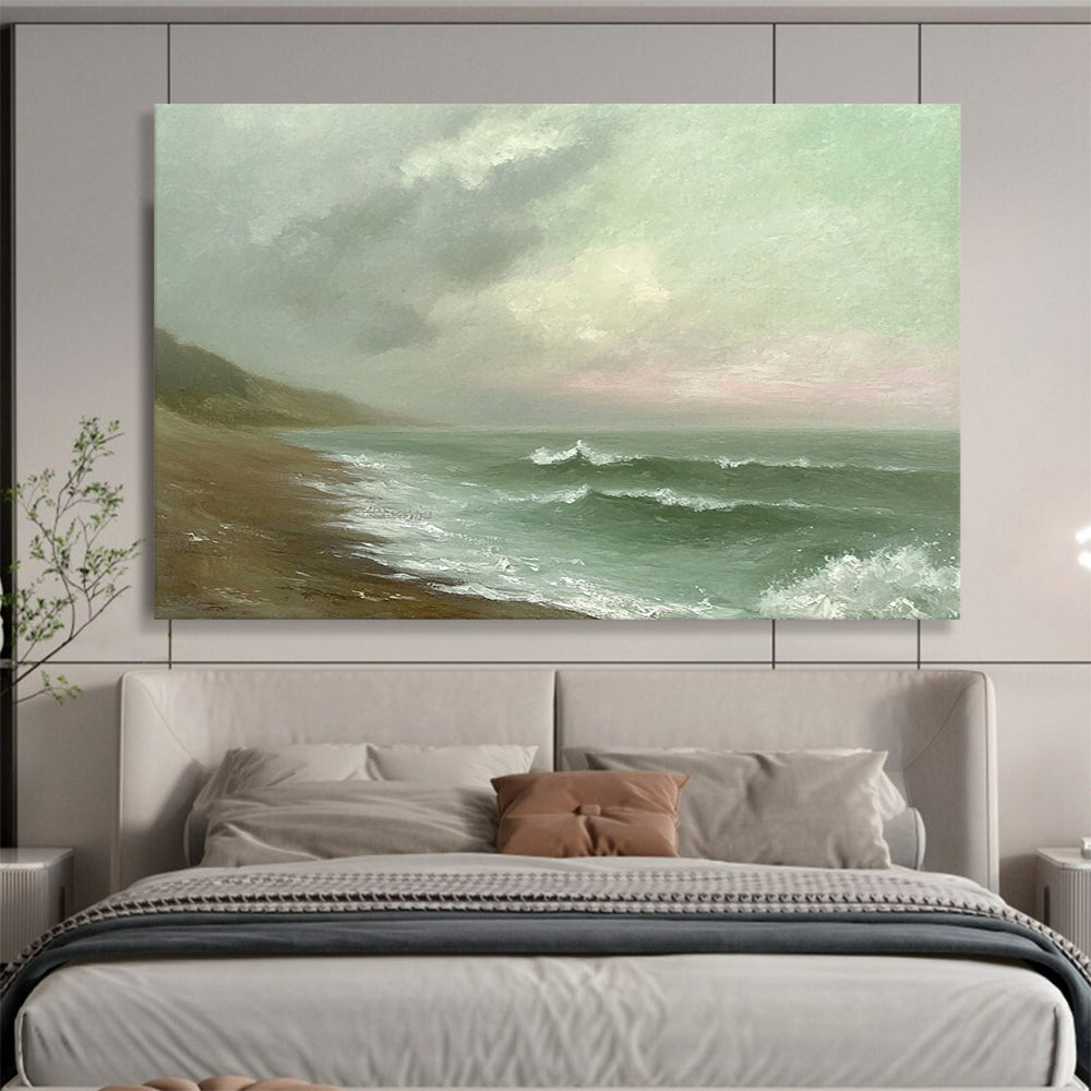 Green, Gray, Brown and White Misty Seaside "Moody Shore" Painting On Canvas HB0668