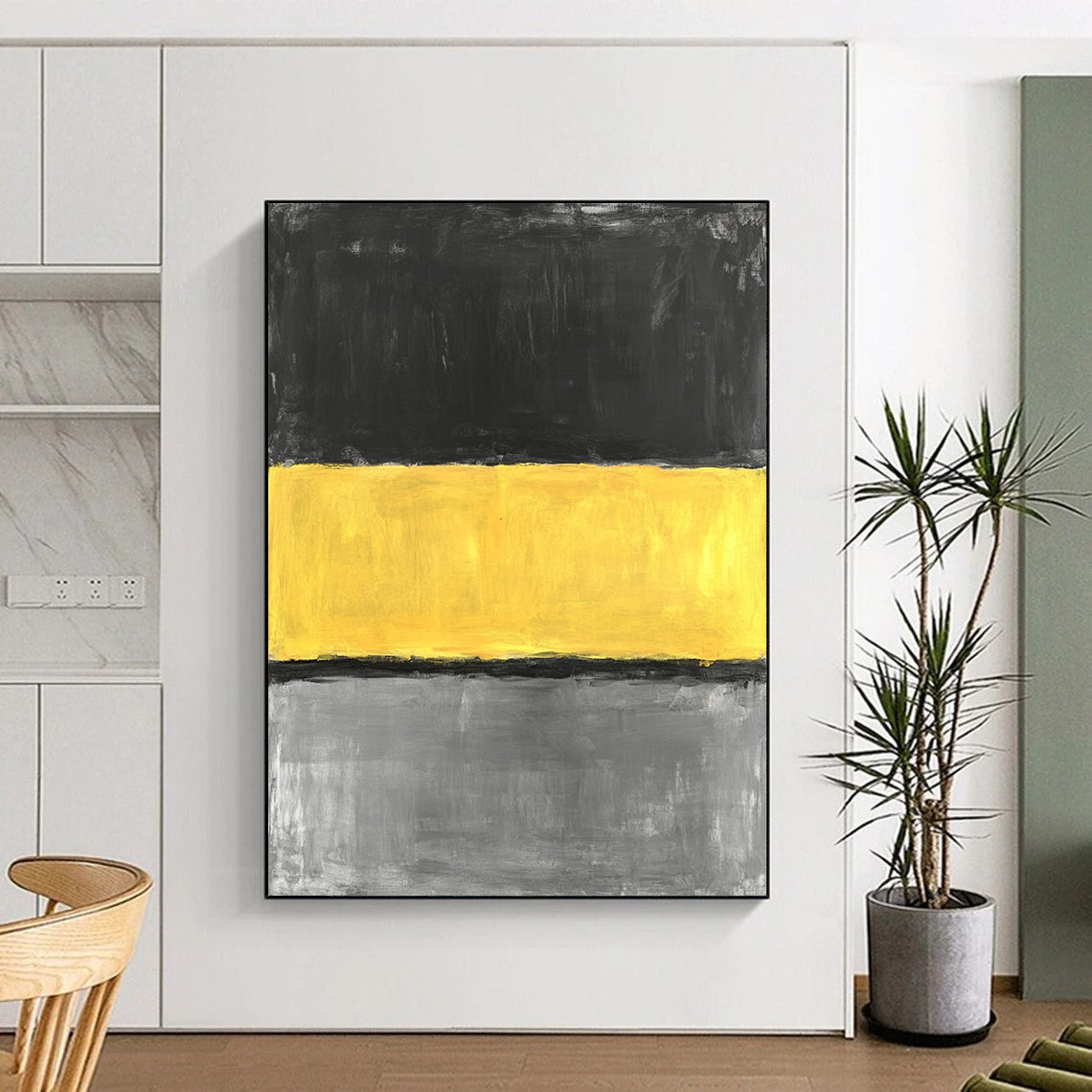 Large contemporary hand-painted abstract artwork featuring a striking yellow stripe on a grey background in minimalist oil expression. DLZ1390