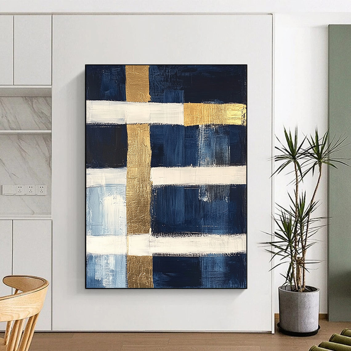 Navy, White, Gold, Horizontal Stripes "Gilded Nautical Horizons" Abstract Minimalist Painting On Canvas HB154