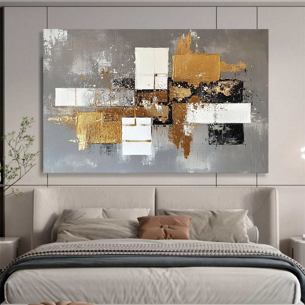 “Gilded Geometric Abstract” - Gray, White, Black, Gold - Textured Geometric Abstract with Gold - Acrylic Painting HB1323