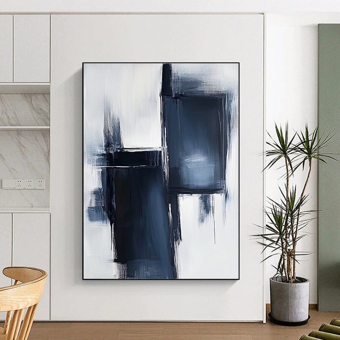 Large contemporary hand-painted abstract artwork featuring light navy and white tones with dark gray brush strokes and minimalist high contrast design. DLZ1649