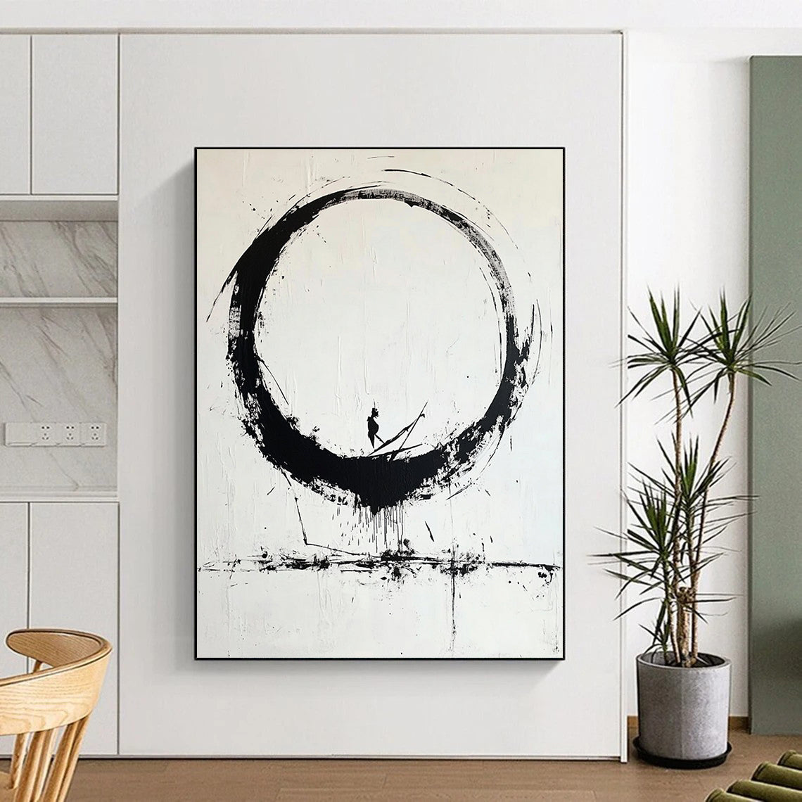 Black Circular Brushstroke with Figure - “Enso Journey” Painting On Canvas HB244