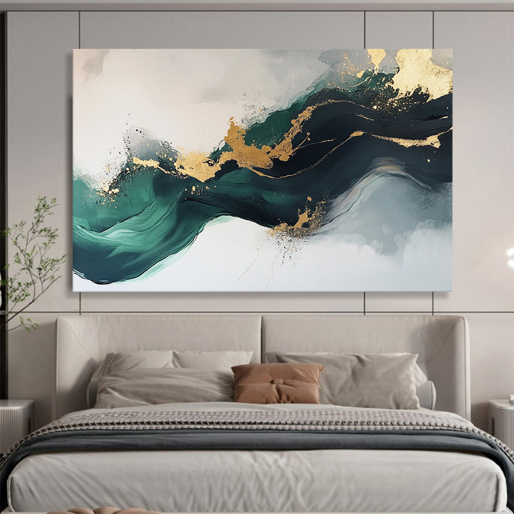 “Elegant Gold and Green Abstract Flow” - Green, gold, gray, white; Abstract fluid shapes with gold accents; Acrylic Painting On Canvas HB1240