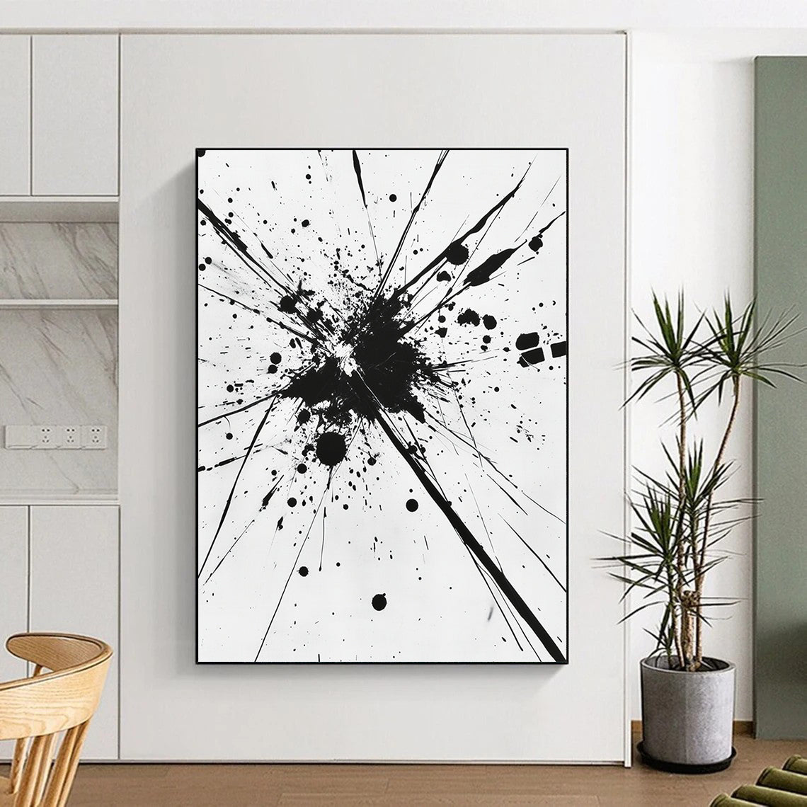 Black Splattered Explosion on White - “Energetic Ink Burst” Painting On Canvas HB218