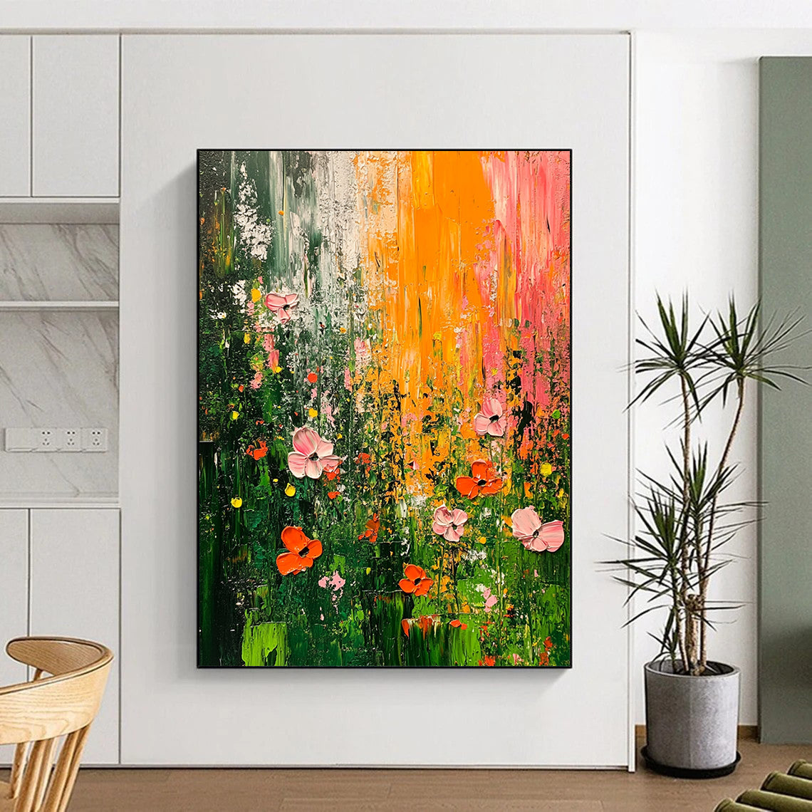 Contemporary hand-painted abstract artwork featuring an overgrown garden with vibrant green pink and orange flowers using thick brush strokes and rich texture on canvas. DLZ0966