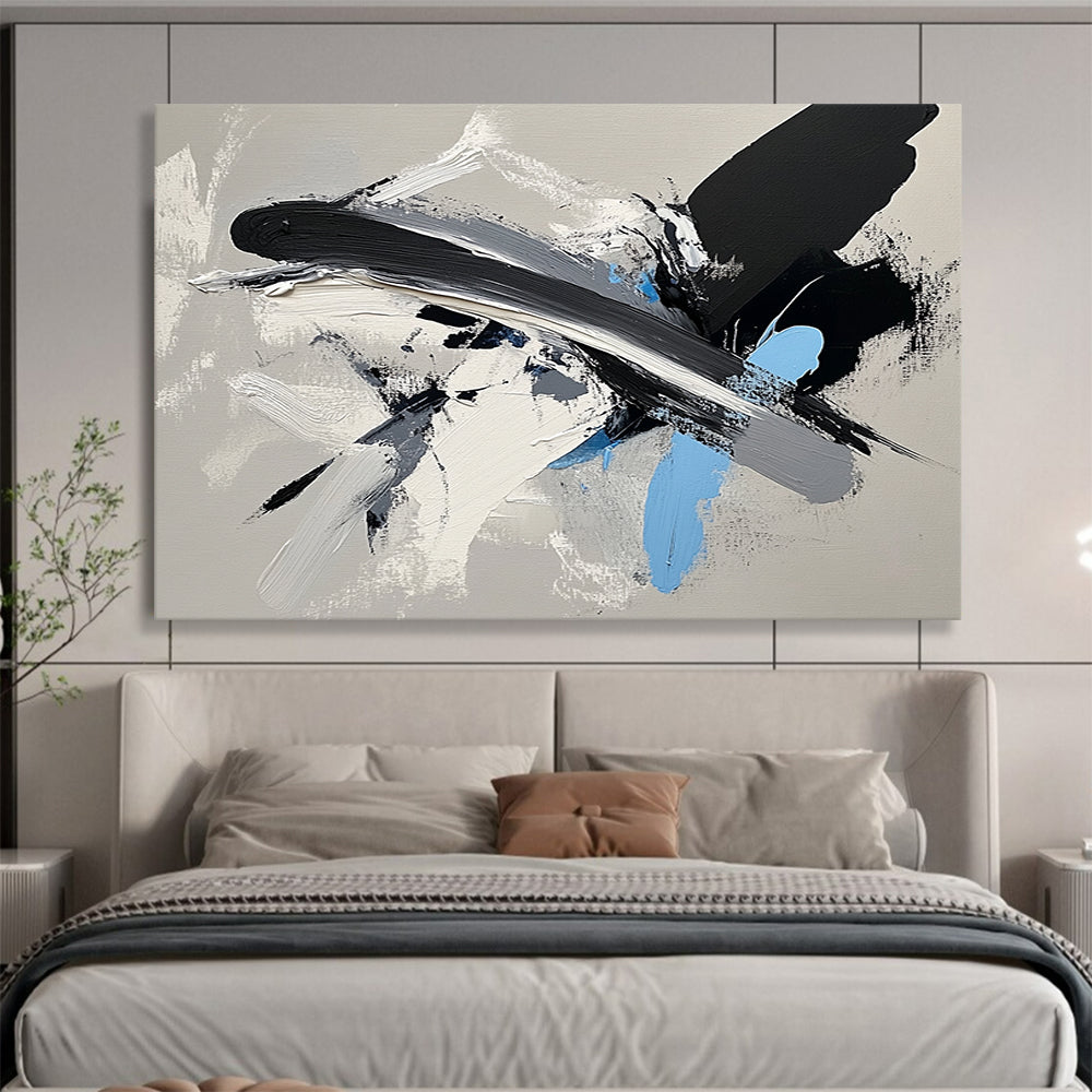 “Dynamic Black - Gray - Blue Brushstrokes” - Black, Gray, Blue, White, Energetic Strokes Painting On Canvas HB0811