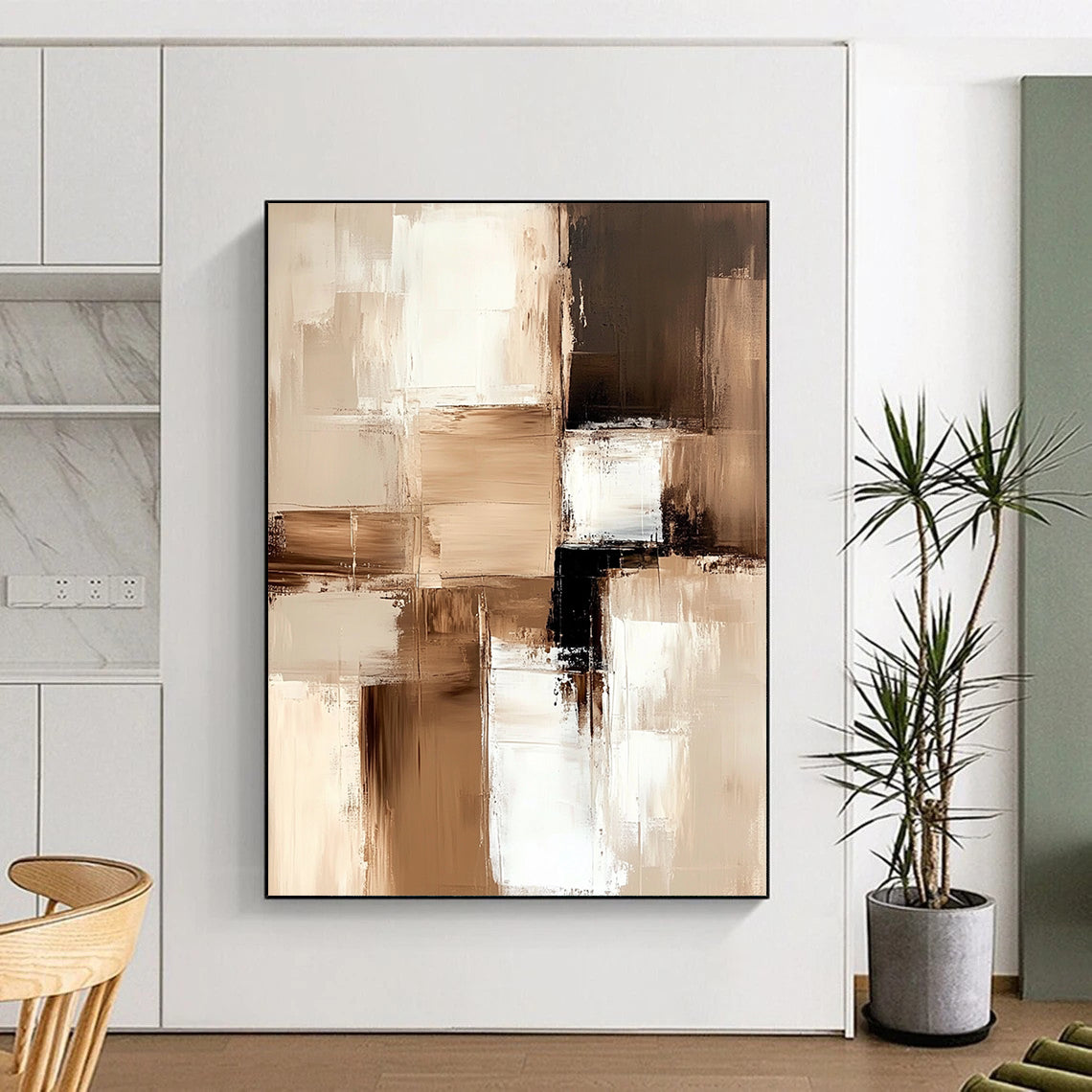 Large contemporary abstract painting featuring beige and white blocks with soft edges and delicate brushstrokes on a textured canvas in neutral tones. DLZ1024