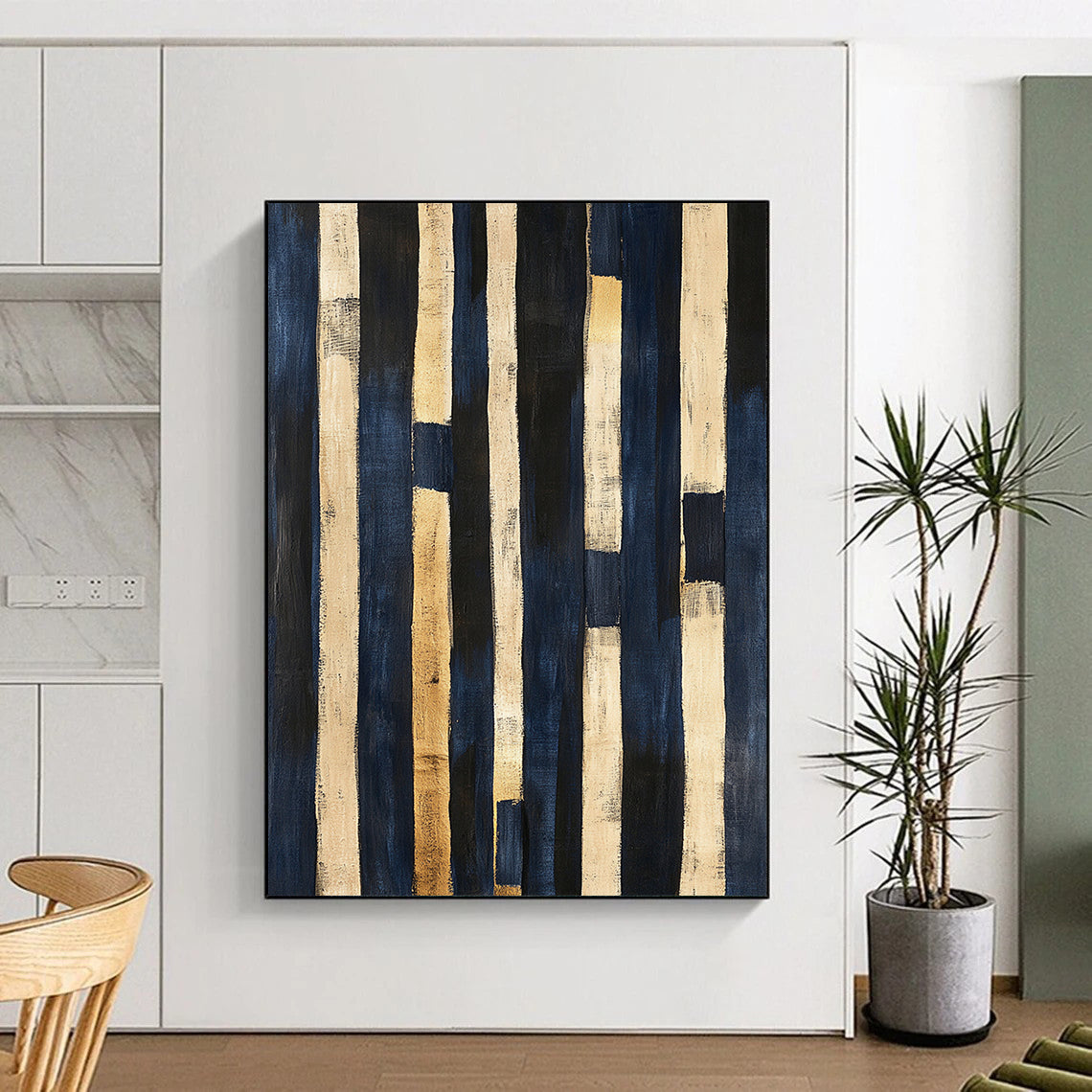 Navy Blue, Beige, Gold, Vertical Stripes "Coastal Rhythm" Abstract Nautical - Inspired Painting On Canvas HB043