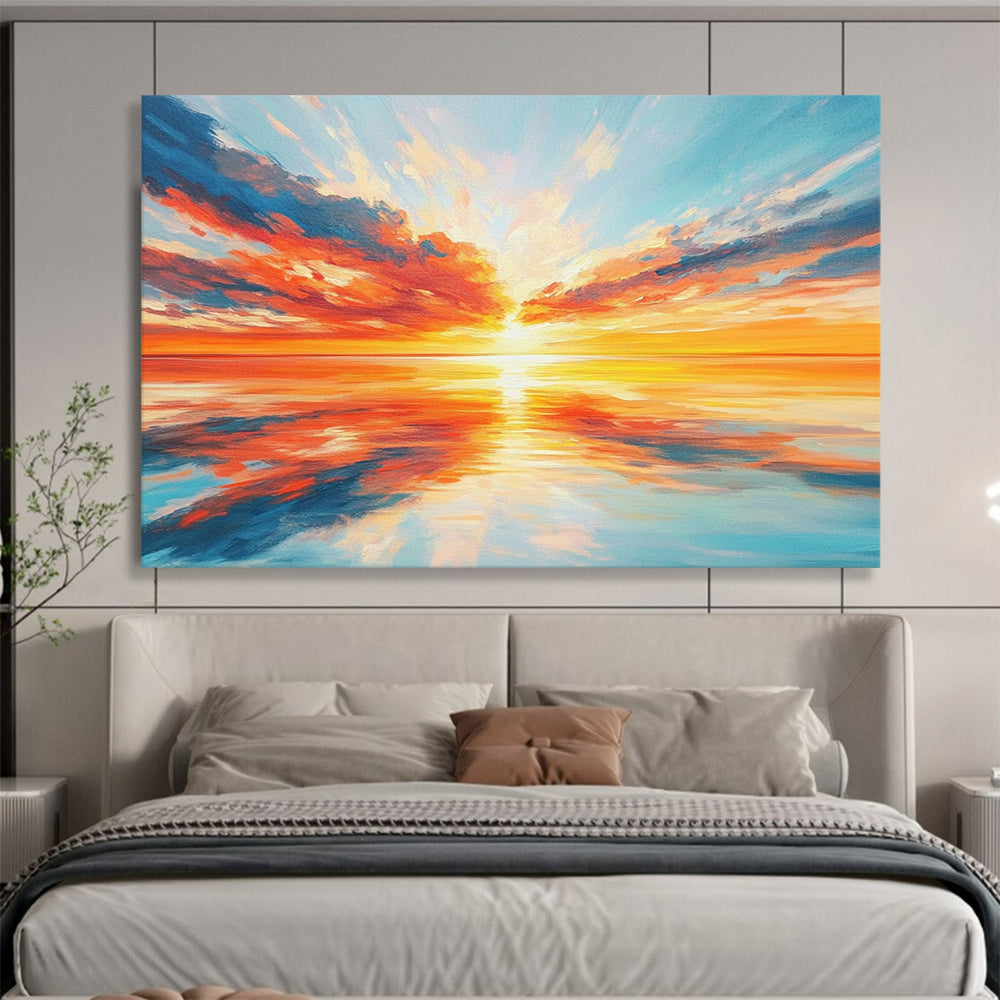“Vibrant Sunset Over Sea” - Oranges, Reds, Yellows, Blues, Ocean Sunset - Expressionist Oil Painting HB1577