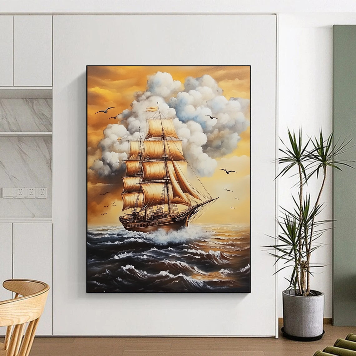 Contemporary hand-painted abstract art featuring a tall ship, white clouds, and birds, evoking a vintage nautical atmosphere. DLZ1477