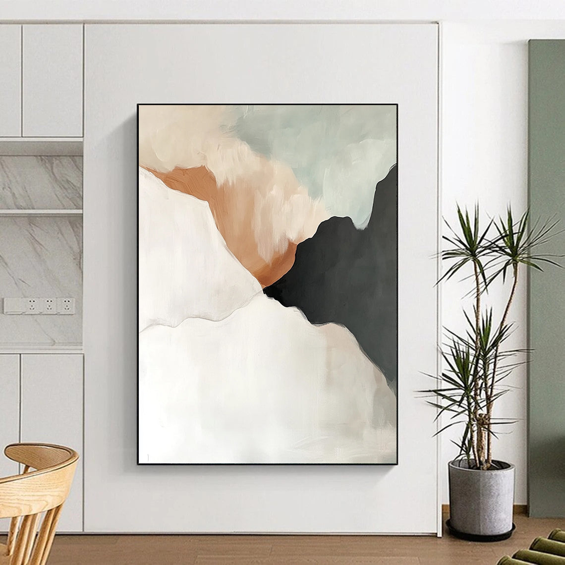 Contemporary hand-painted abstract artwork in white, grey, and beige tones with black accents, featuring fluid shapes and soft edges in light grey and amber hues. DLZ0781
