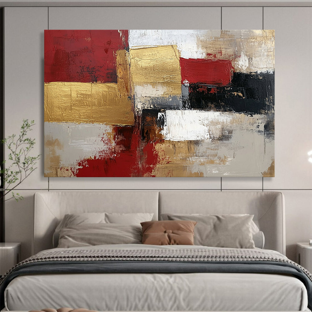 “Gilded Geometry” - Red, Gold, Gray, Textured Squares - Modernist Acrylic Painting with Gold Accents HB1541
