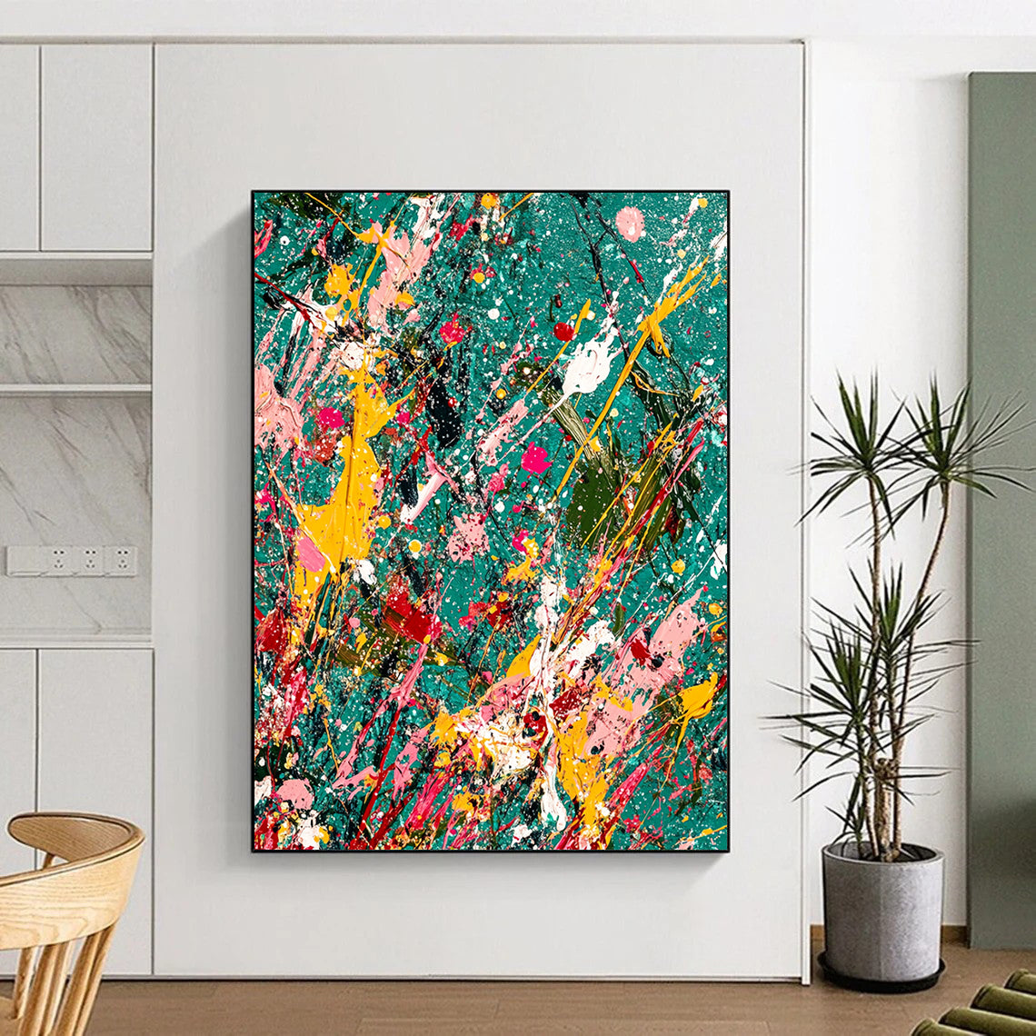 Vibrant contemporary abstract painting featuring splattered paint and glitter on a teal canvas with jungle-green background symbolizing creativity in chaos. DLZ1177