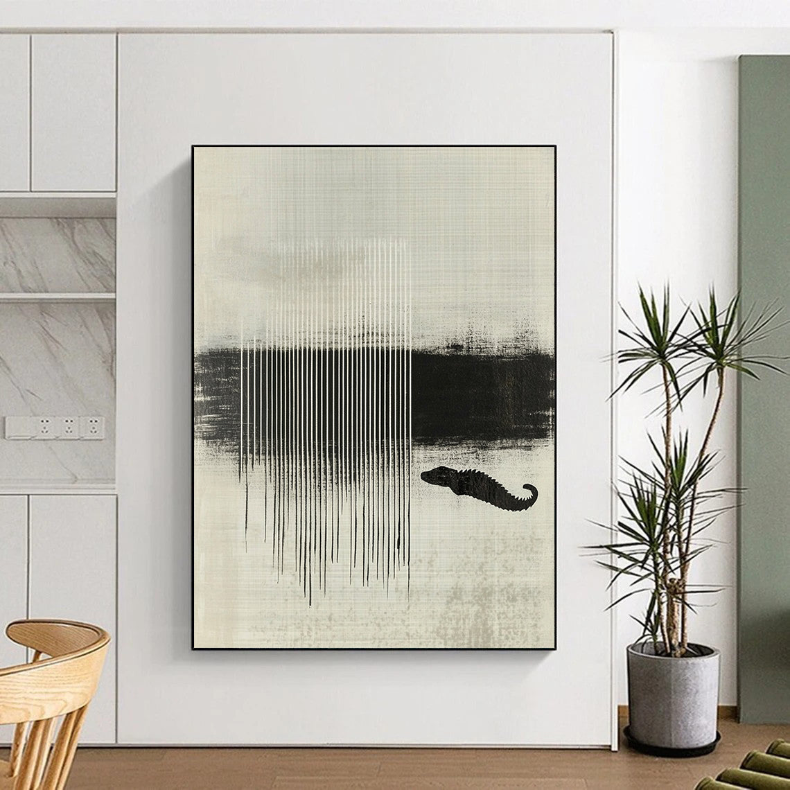 Contemporary abstract artwork featuring black and white stripes layered with textures and a crocodile silhouette enhancing minimalist aesthetic. DLZ1438