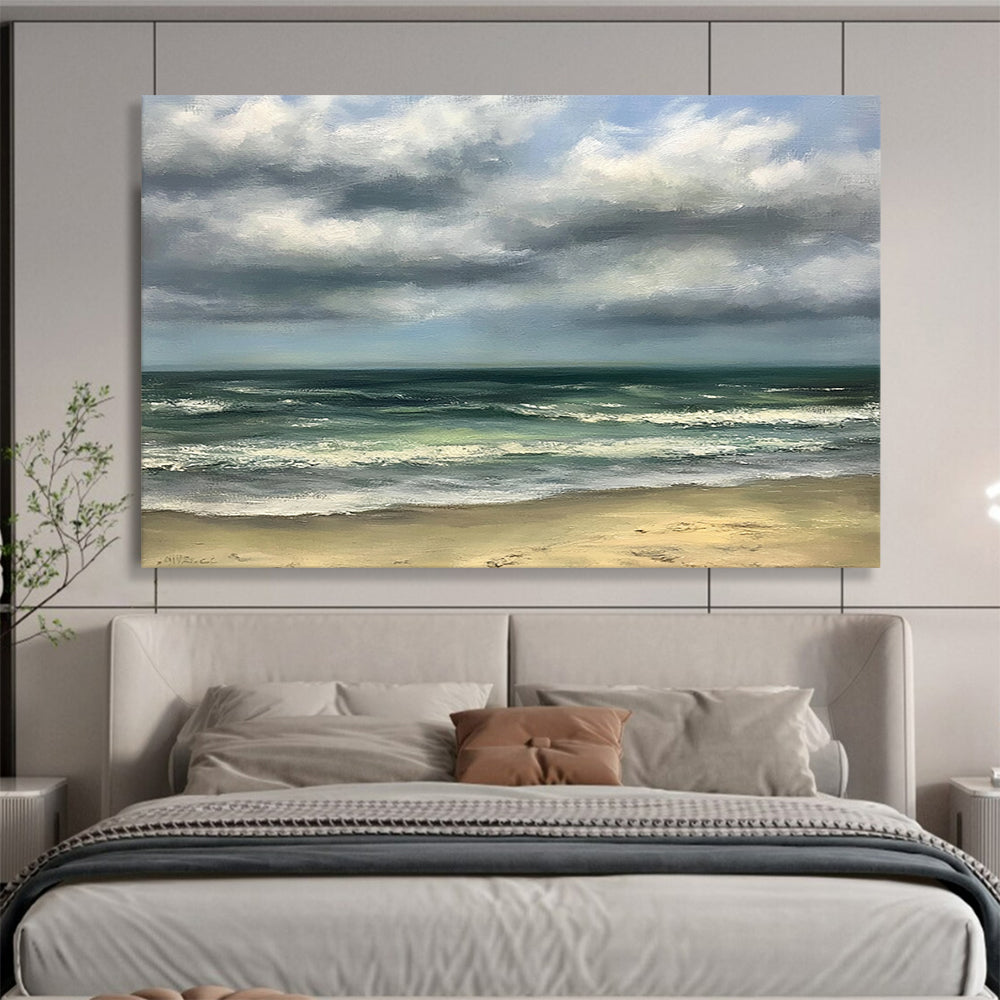 Green, Blue, Gray and Beige Cloudy Seaside "Calm Coast" Painting On Canvas HB0671