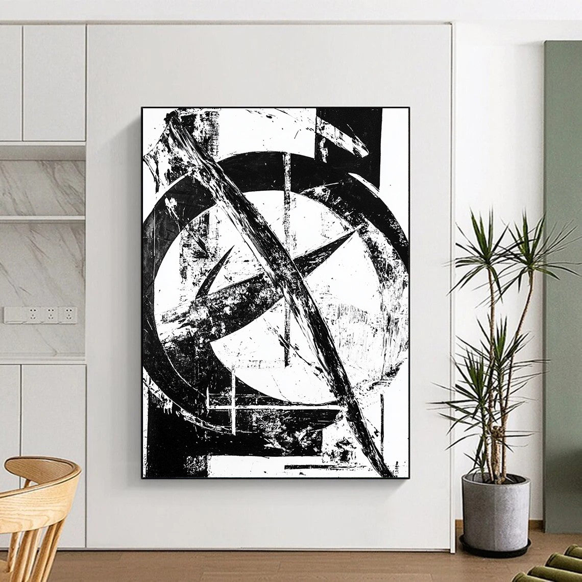 Black & White Abstract Geometric Marks - “Monochrome Urban Graffiti” Painting On Canvas HB221