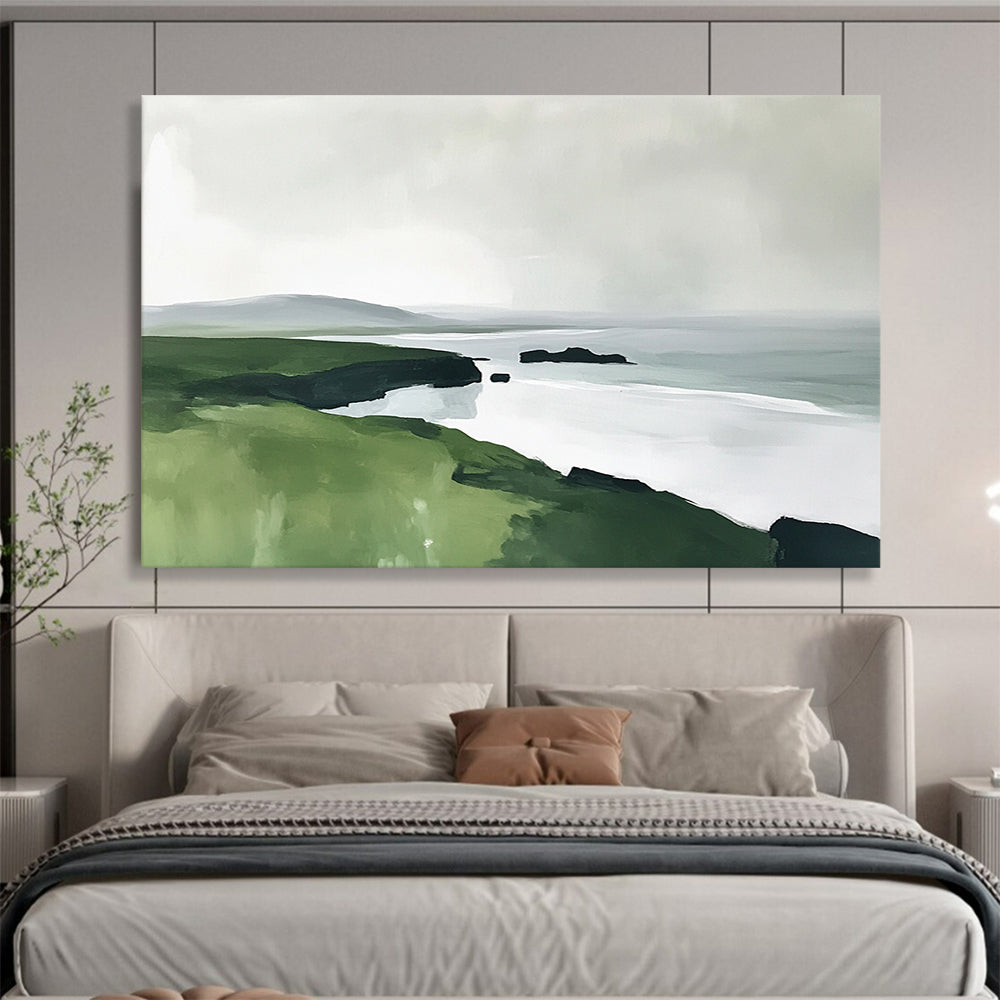 “Coastal Cliffs in Green & Gray” - Lush green, muted gray, white sea, Modern Landscape Painting On Canvas HB0611
