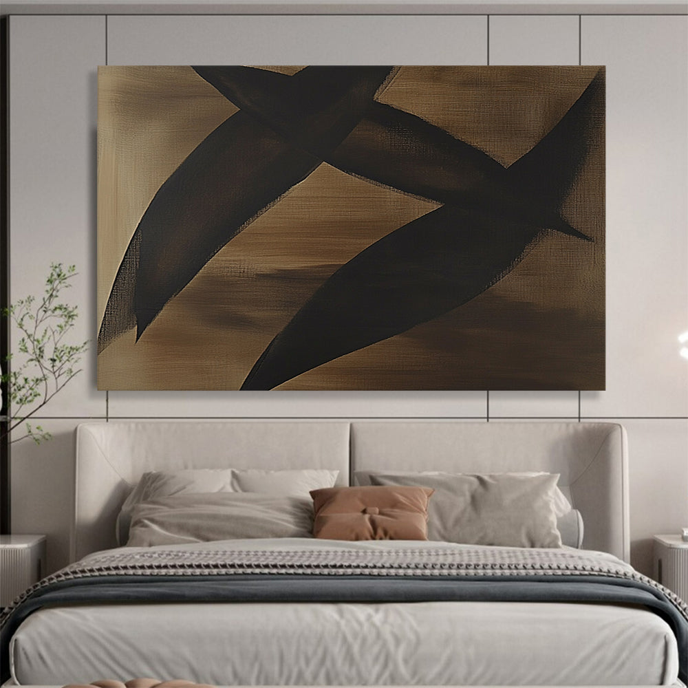 “Black Shapes on Brown” - Black, brown, Minimalist Abstract Painting HB0639